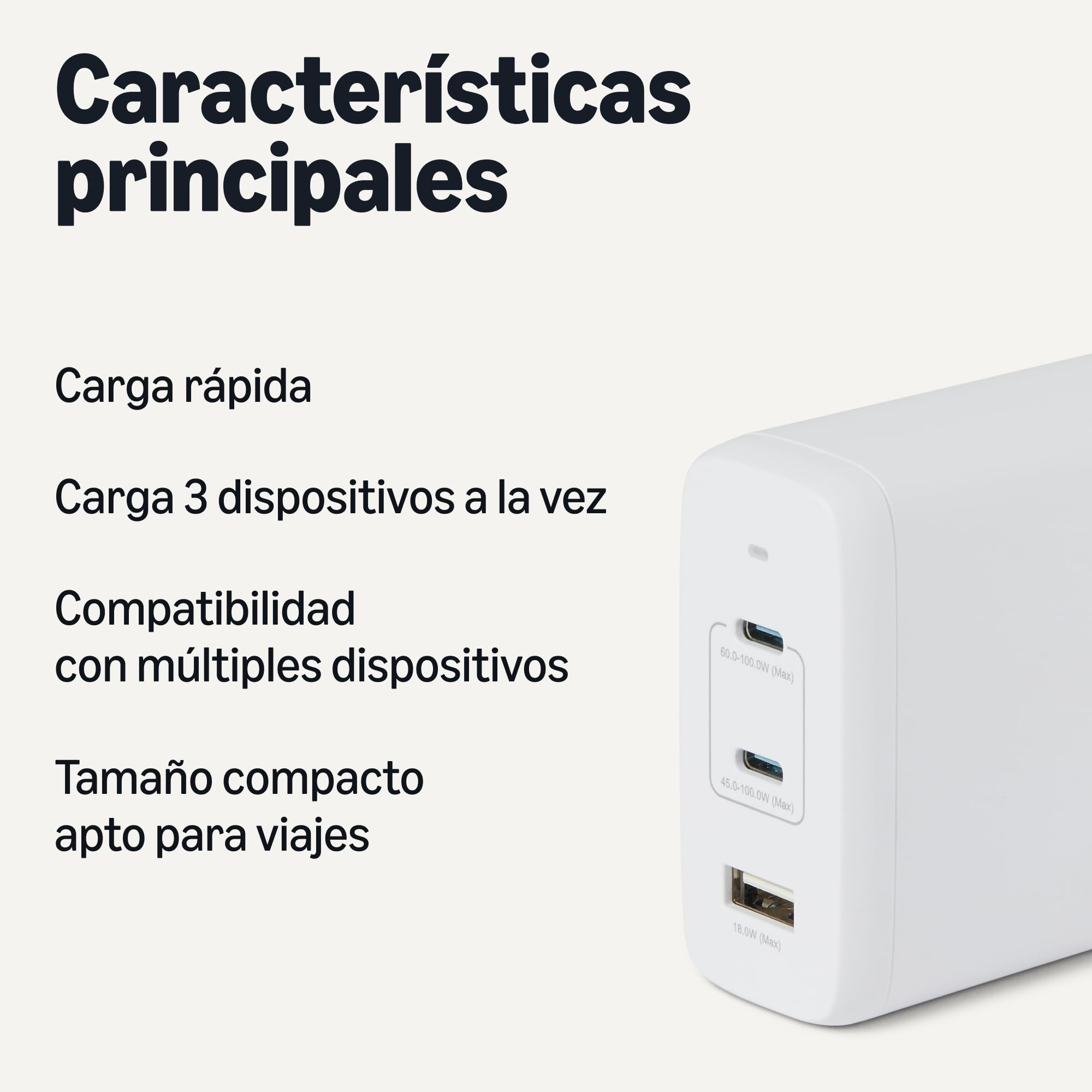 Amazon Basics Cargador de Pared USB-C Nano GaN de Carga Rápida, 120W y 3 Puertos para Ordenadores Portátiles, Tablets y Teléfonos, Blanco - 3