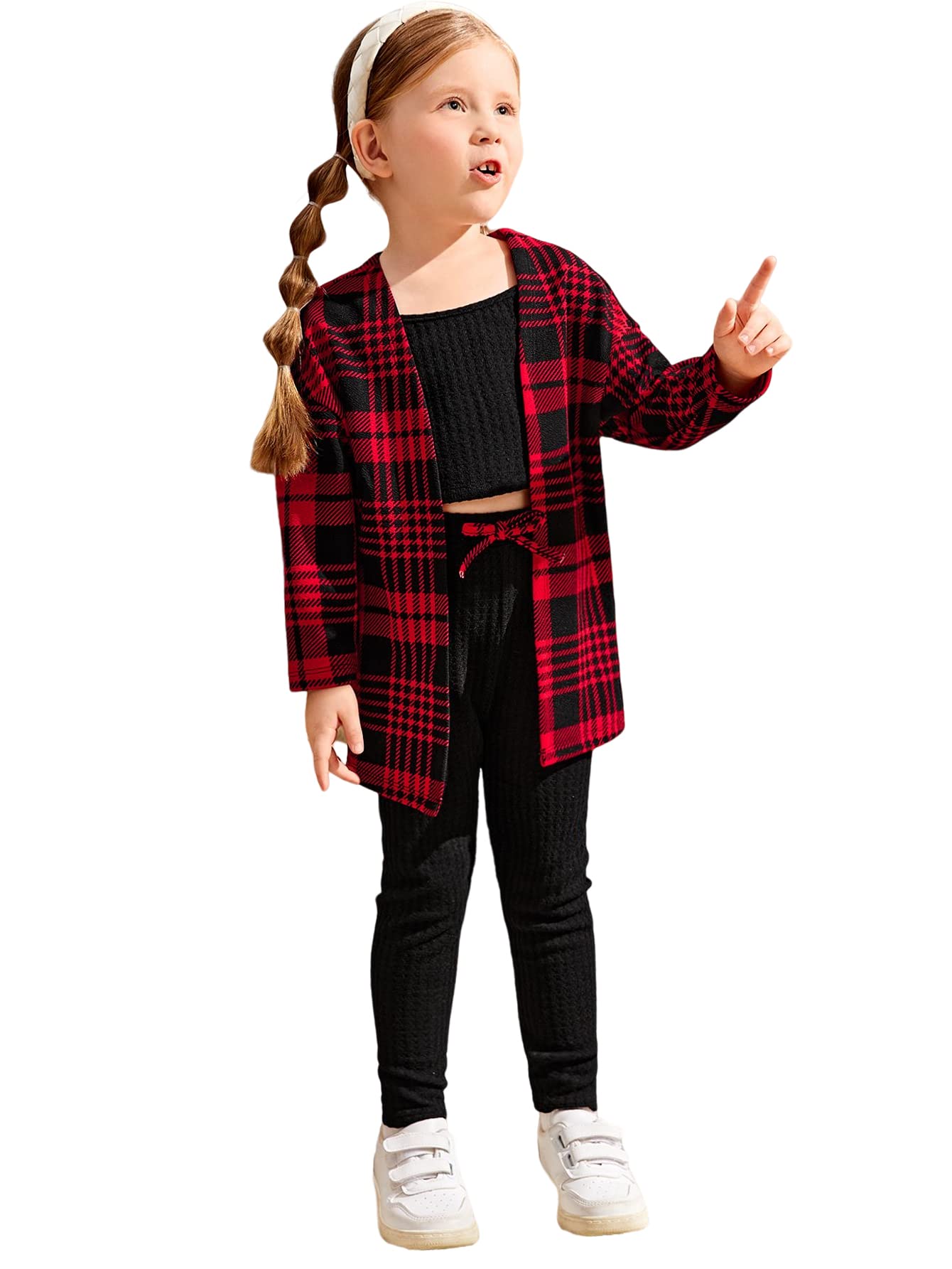 WDIRARA Toddler Girl's 3 Pieces Plaid Open Front Top and and Cami and Leggings Set