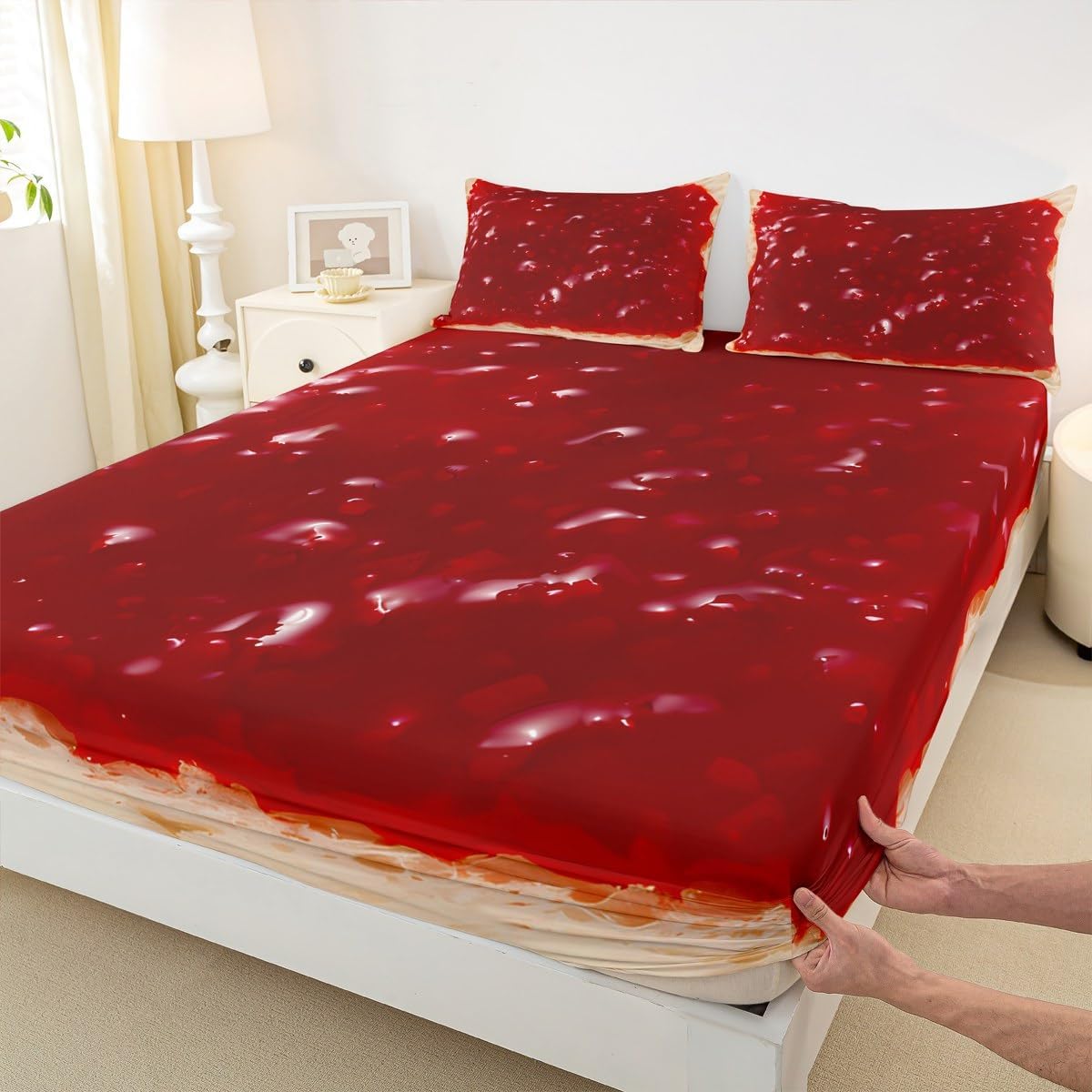 Toast with Strawberry Jam Bedding Set Full Size for Boys Girls, Toast Bread Bed Sheet Set Sweet Strawberry Fitted Sheet Realistic Food Bed Cover with 2 Pillow Case (No Flat Sheet)