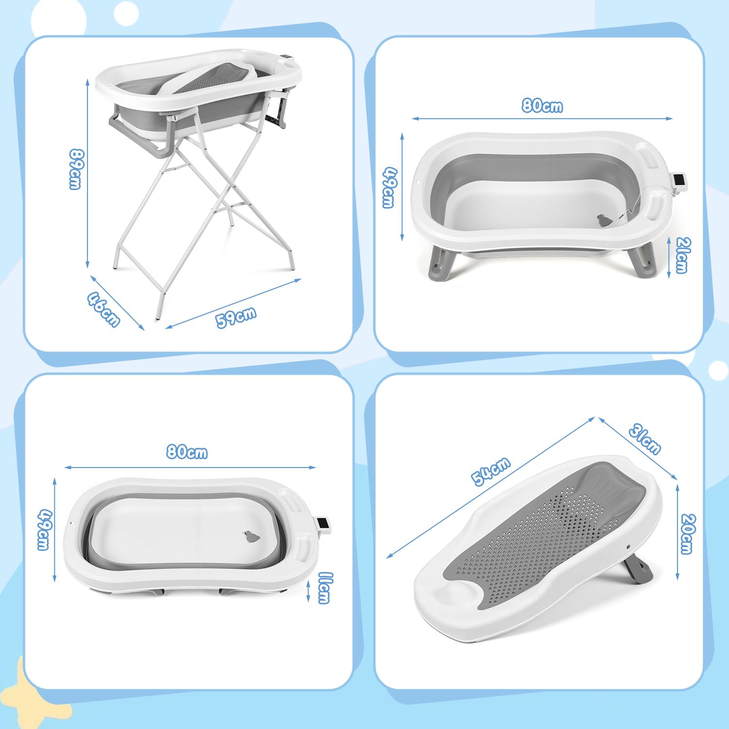 Bañera plegable para bebés con estructura y térmica, color gris con asiento de baño y termómetro extraíble, ahorra espacio, plegable para recién nacidos de hasta 3 años