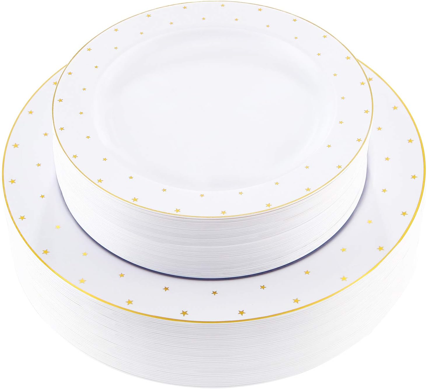 NERVURE 60Premium Heavyweight Disposable Plastic Plates-Wedding and Party Dinnerware 30PCS 10 inch Dinner Plates And 30PCS 7.5 inch Dessert Plates Gold Rim With Star Pearl-Value Pack 60 Count(Gold)