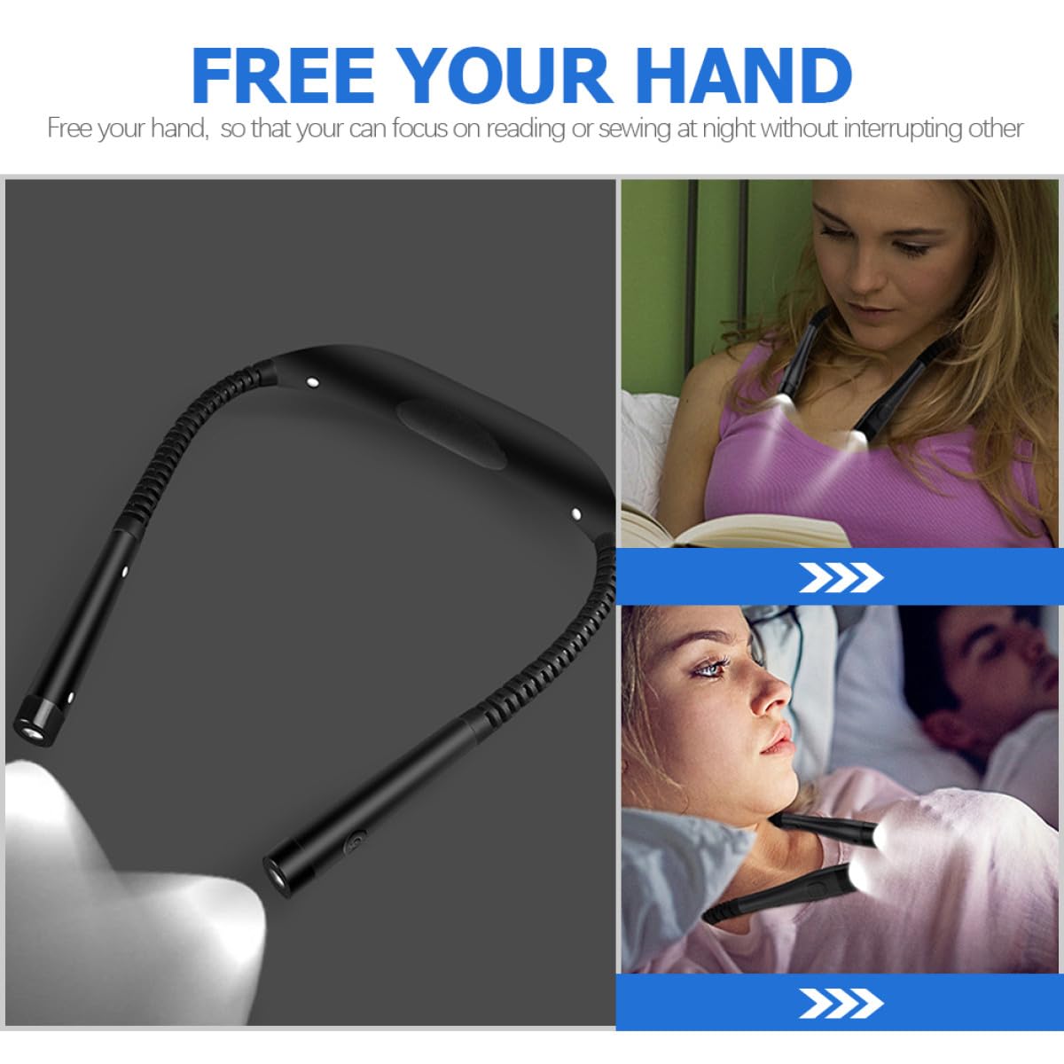 Luce da Lettura al Collo USB Ricaricabile, 4 LED 2835 | Bracci Regolabili, Angolo Fascio 90°, Batteria Integrata 1000mah, Plastico Nero per Viaggio e Campeggio