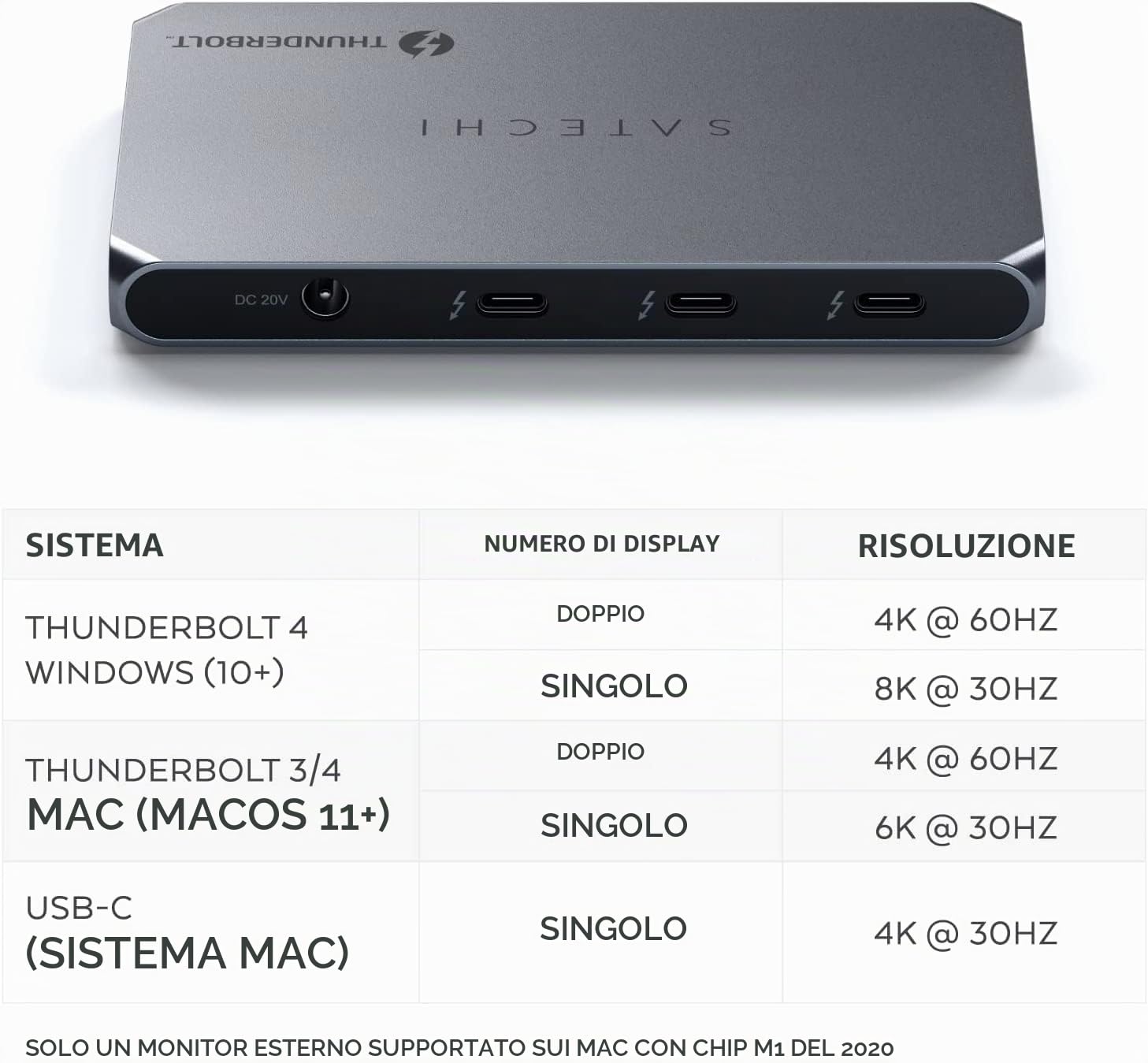 SATECHI Docking Station 6 in 1 Thunderbolt 4 Slim Hub, PD 60W | 8K singolo o doppio 4K, 4x Porte Thunderbolt 4 a 40 Gbps, USB 3.2 Gen 2, per laptop Mac e Windows