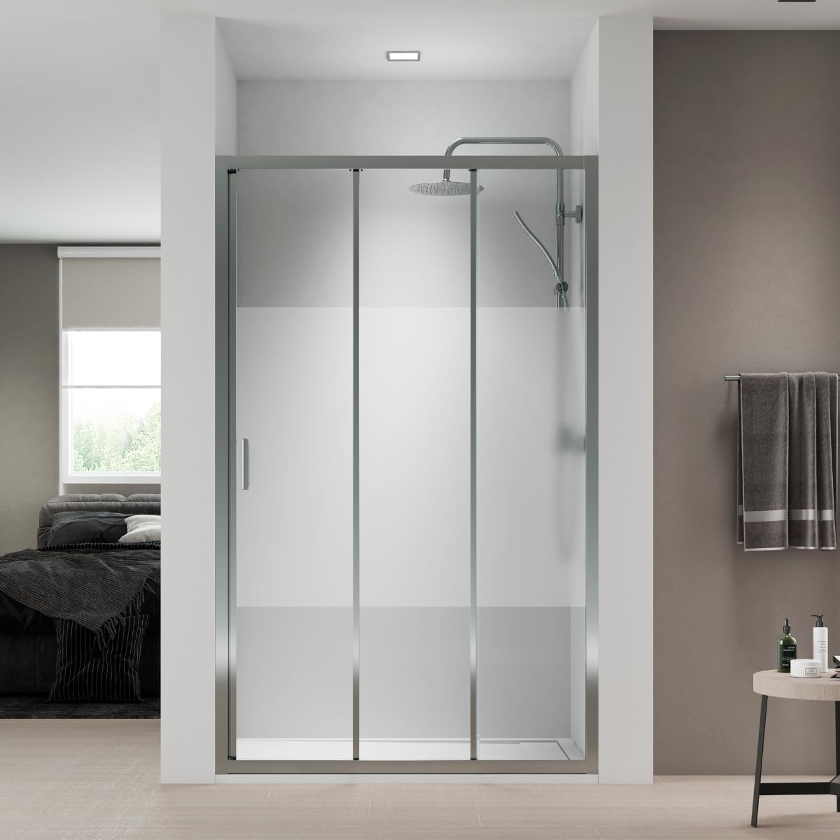 Mampara de Ducha FRONTAL Corredera 3 Hojas Monza– 1 Fijo y 2 Puertas Correderas Serigrafía – Altura 1,90 Metros y Cristal Templado 5mm Espesor 120 cm (Adaptable de 116 a 120cm)