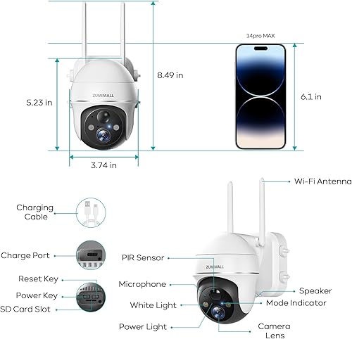 Miniatura 9 de ZUMIMALL Cámaras de seguridad inalámbricas para exteriores, paquete de 2 unidades, 360 PTZ WiFi cámaras alimentadas por batería para vigilancia del