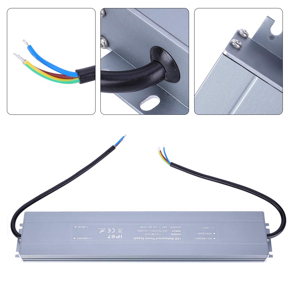Fuente de alimentación de voltaje constante HRUW-250W-24V IP67 LED Driver 170-240VAC (50/60HZ) 10.4A para bombillas LED para exteriores