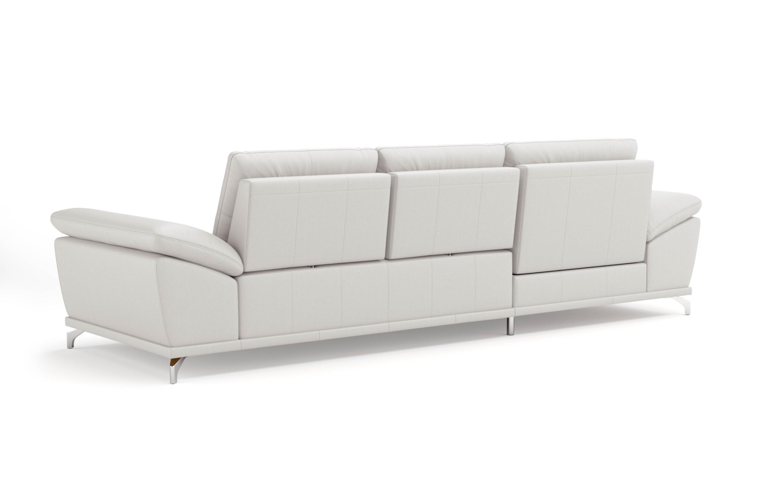 Cavadore Eckcouch Castiel mit Federkern / Ecksofa mit XL-Longchair, Bett, Bettkasten, Sitztiefenverstellung, Kopfstützen und mattschwarzen Metallfüßen / 301 x 89-114 x 176 / / Echtleder, Weiß