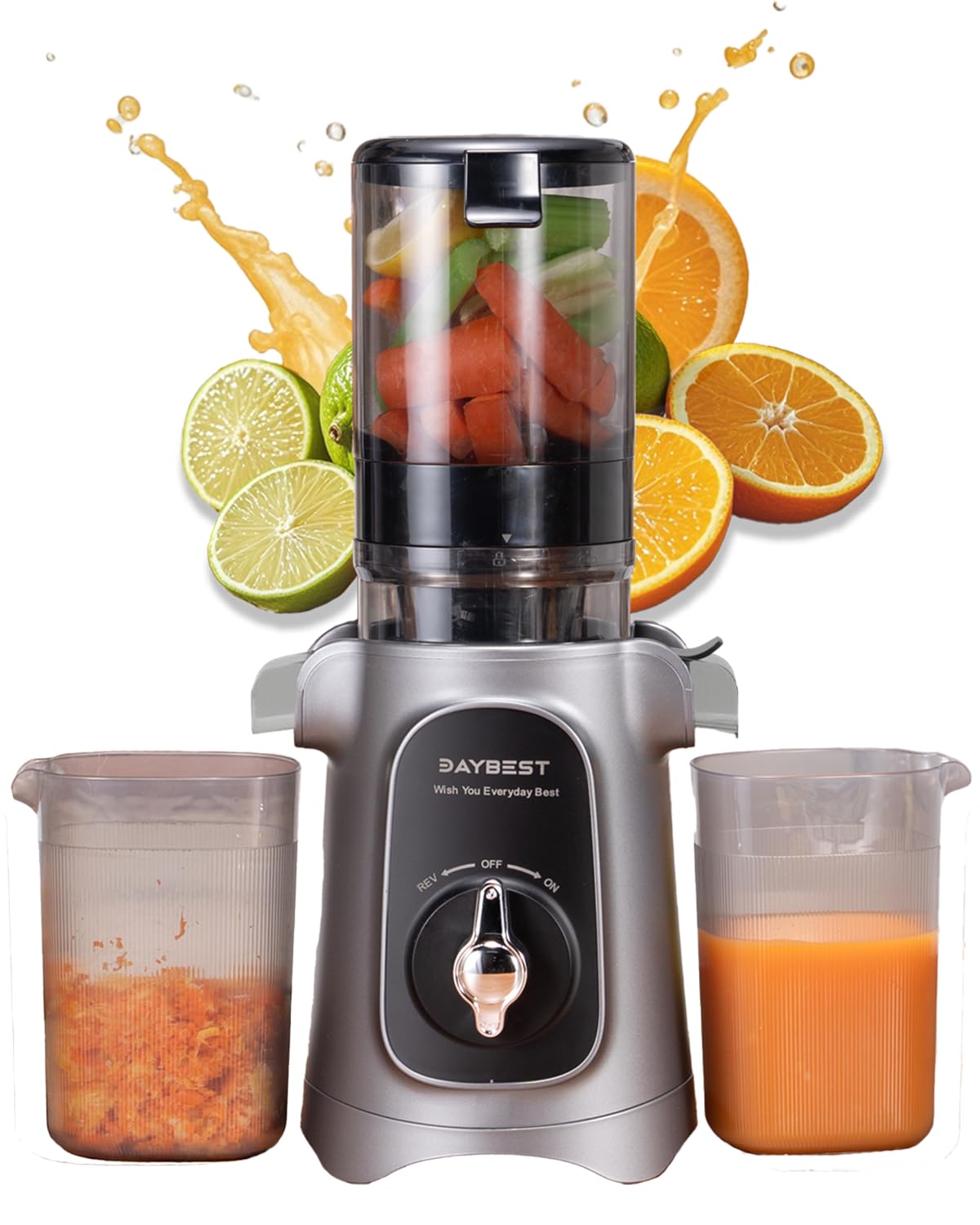 Cold Pressed Juicer Machines, Daybest 120w Quiet Masticating Juicer with 4.1’’ Extra Self Feeding Chute for Whole Fruit, BPA Free Tritan Auger for High Extract, 34oz Compact Slow Juicers Easy to Clean