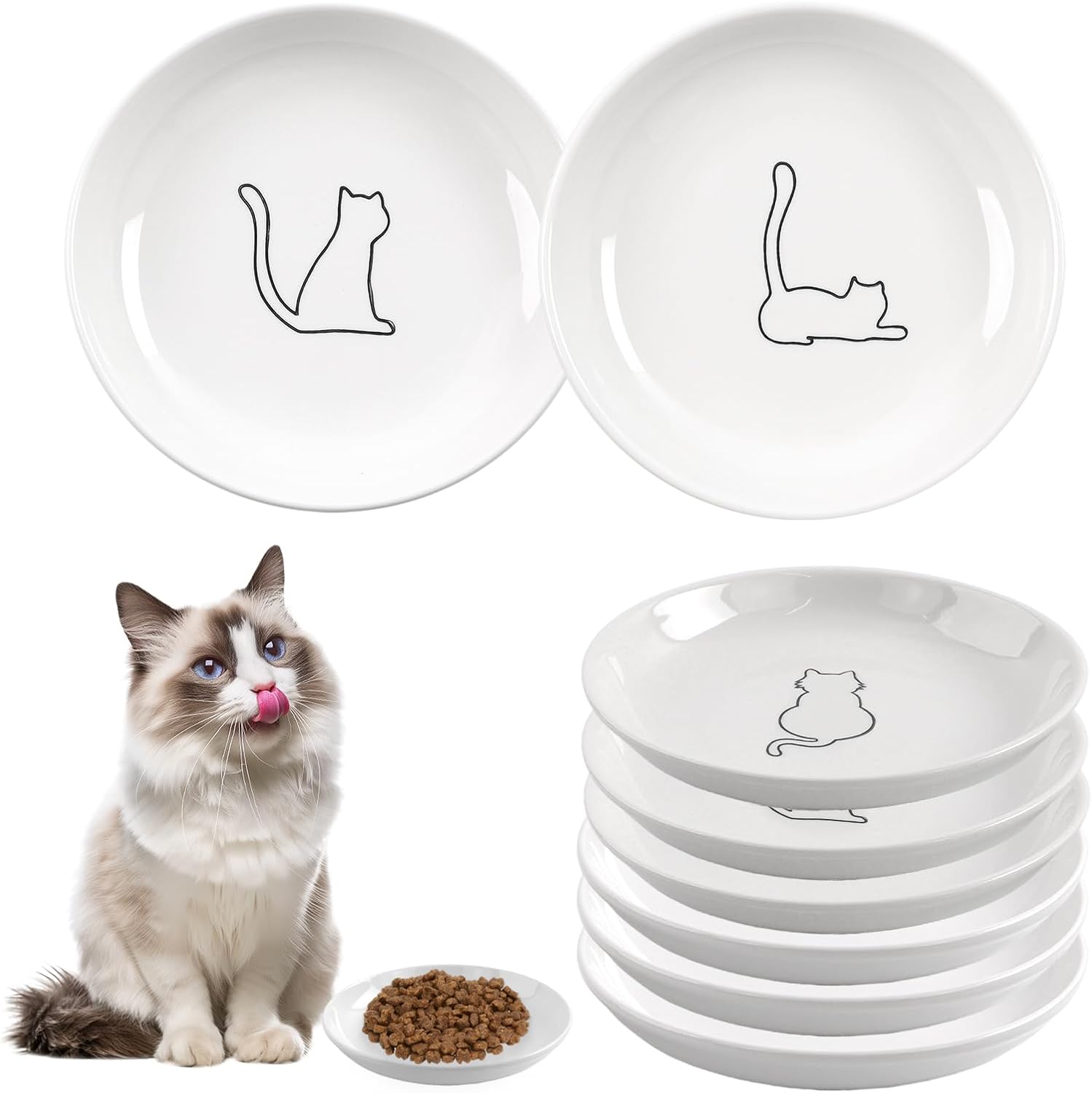 6 Pack Cat Food Bowl, Ceramic Cat Bowls, Anti Whisker Fatigue Cats Bowl Set,5.5 Inches Shallow Wide Kitten Plates for Food and Water