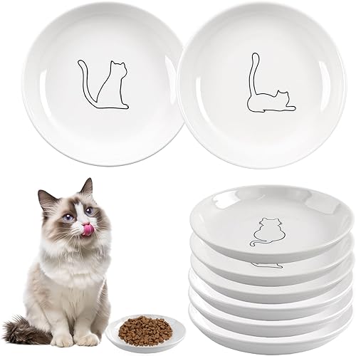 Miniatura 9 de Paquete de 6 cuencos de comida para gatos, cuencos de cerámica para gatos, juego de cuencos para gatos anti-fatiga de bigotes, platos anchos y poco