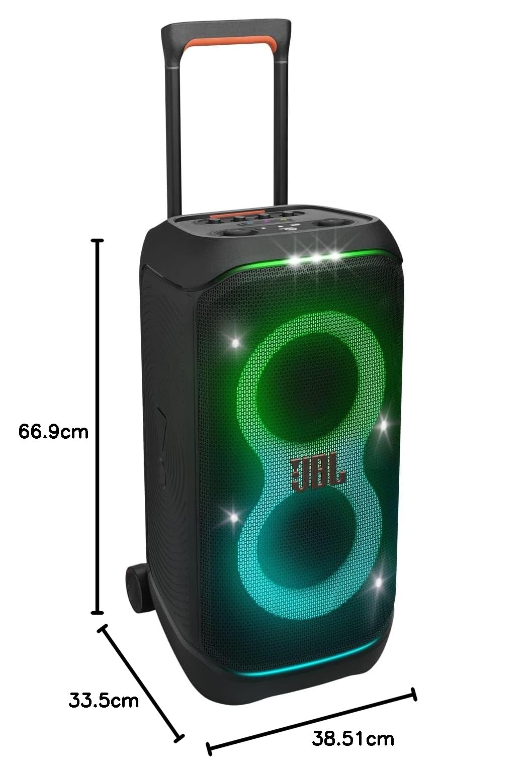 JBL Partybox Stage 320 in Schwarz – Tragbare Bluetooth-Lautsprecher-Box mit JBL Pro Sound, Lichtshow, KI-Sound-Boost, Rollen und Teleskopgriff – 18 h Laufzeit
