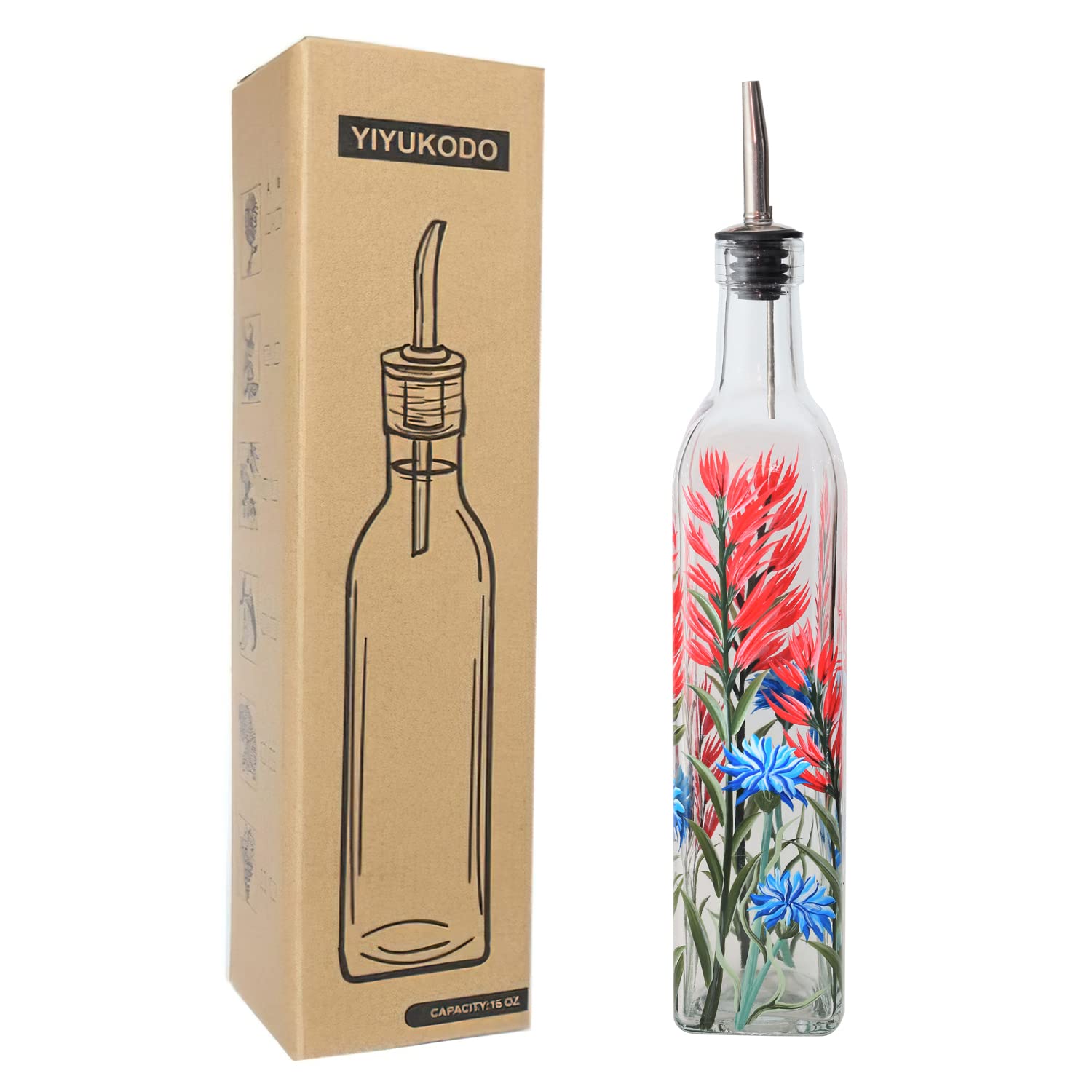Yiyukodo Blue,Green,Red 17Oz Hand Painted Glass Olive Oil Bottle - 500Ml Green Oil & Vinegar Cruet With Pourers - Olive Oil Carafe Decanter For Kitchen (Red And Blue Flower)