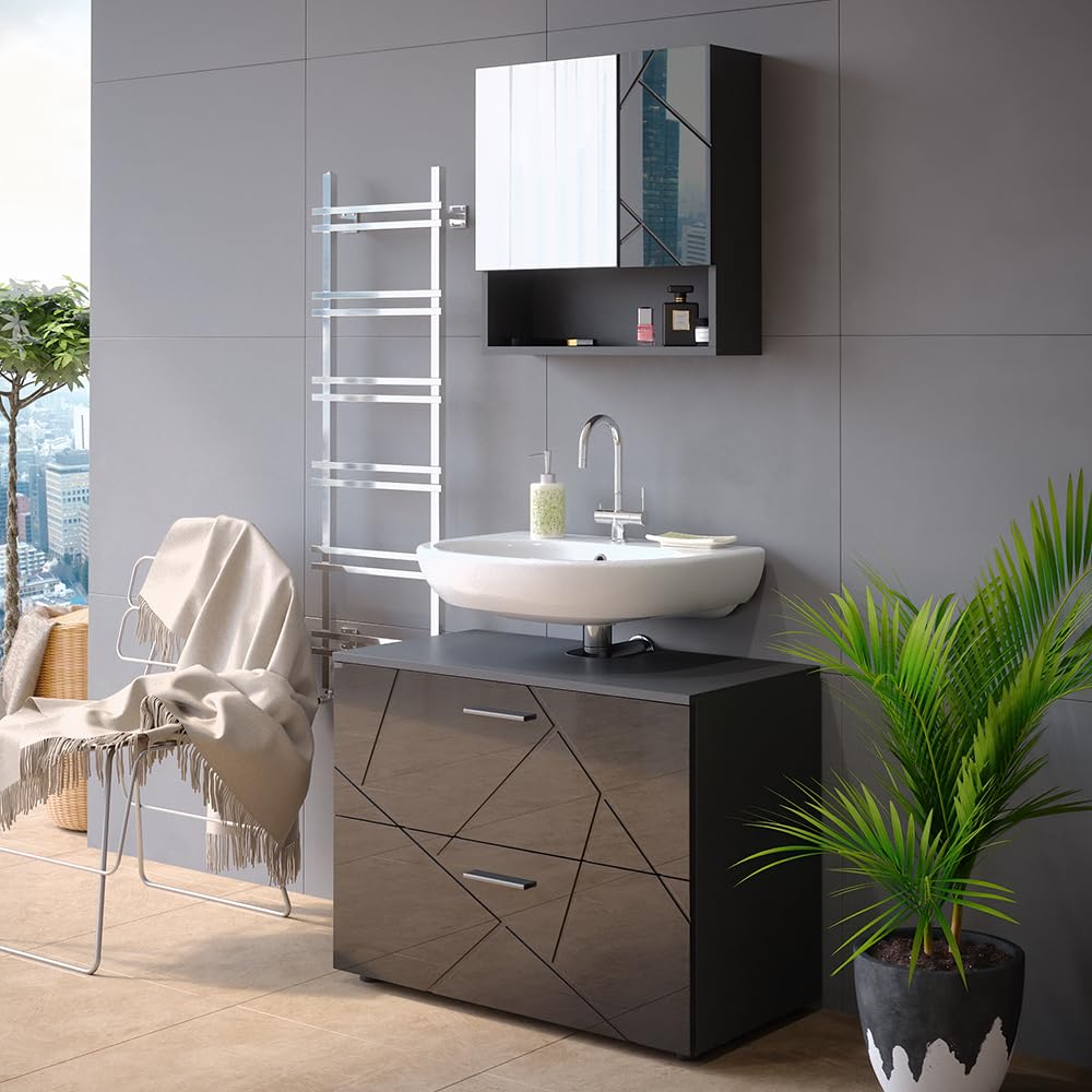Vicco Mueble bajo Lavabo Irma, Antracita Alto Brillo, 80 x 58.6 cm | apto para instalación sobre el sifón con aberturas de ventilación
