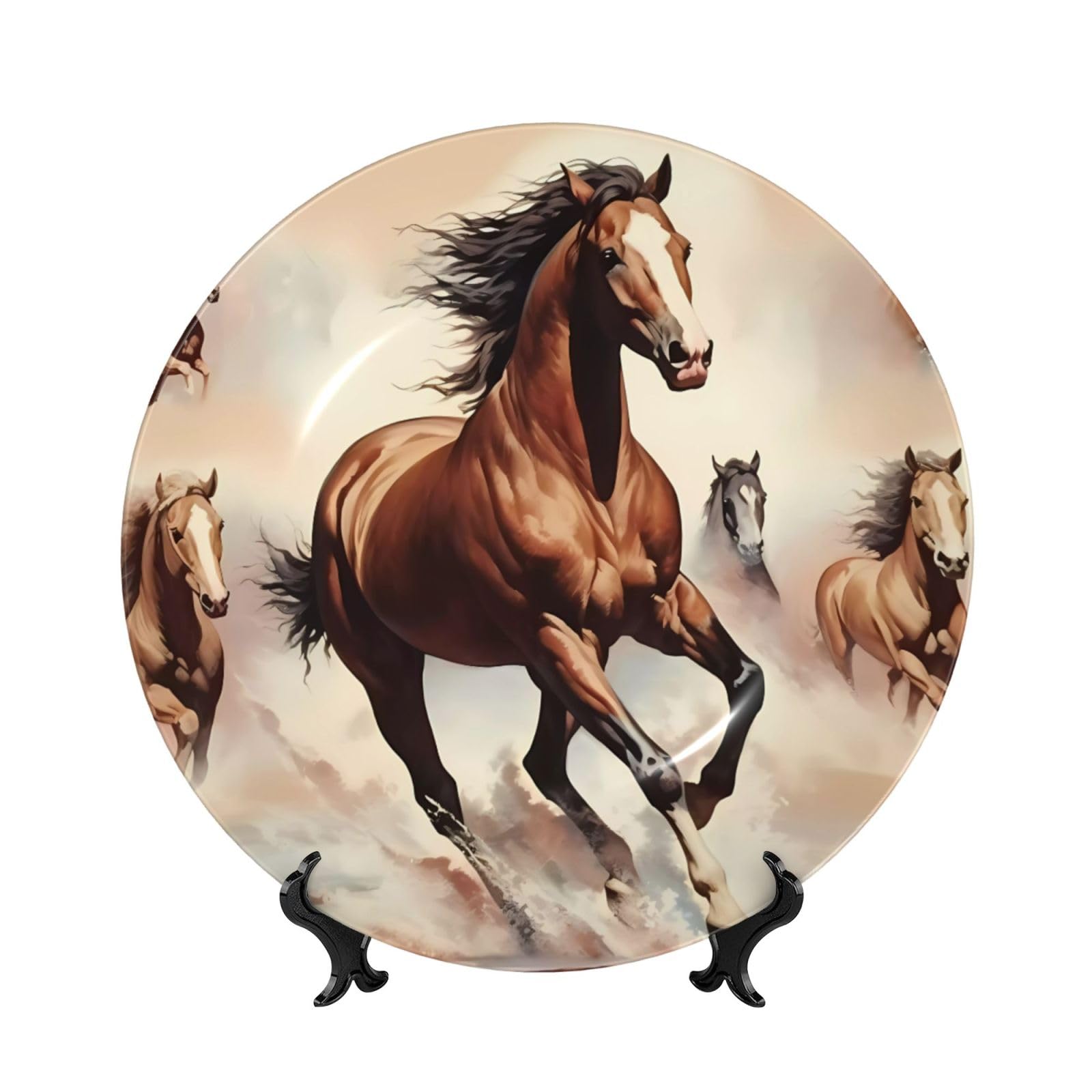 SXZVVBN Prancing Brown Horse Bone China Decorative Plate Art with Stand Removable Adhesive Hanging for Home Office 7in