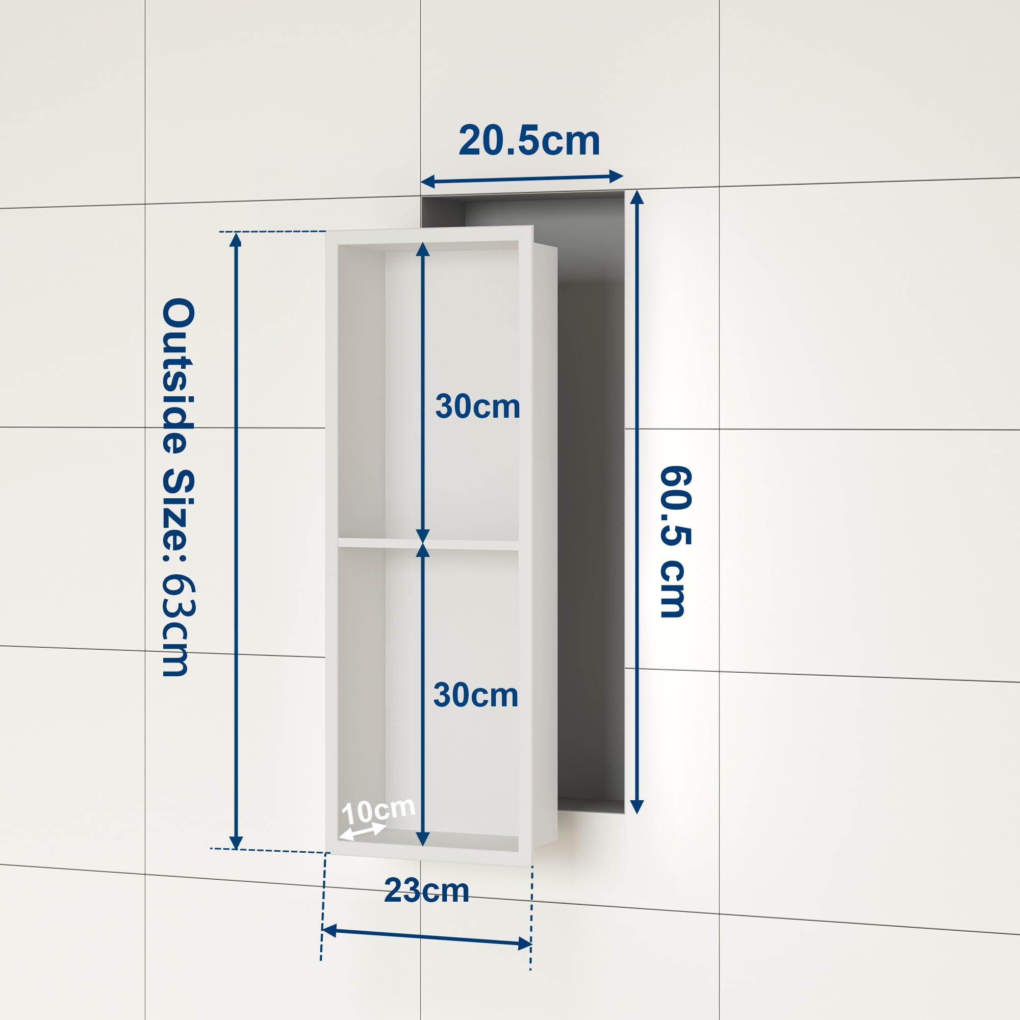 Neodrain Wandnische Dusche Edelstahl Duschnische Doppelregal für Badezimmer 60 x 20 cm, Doppelschicht, Weiß