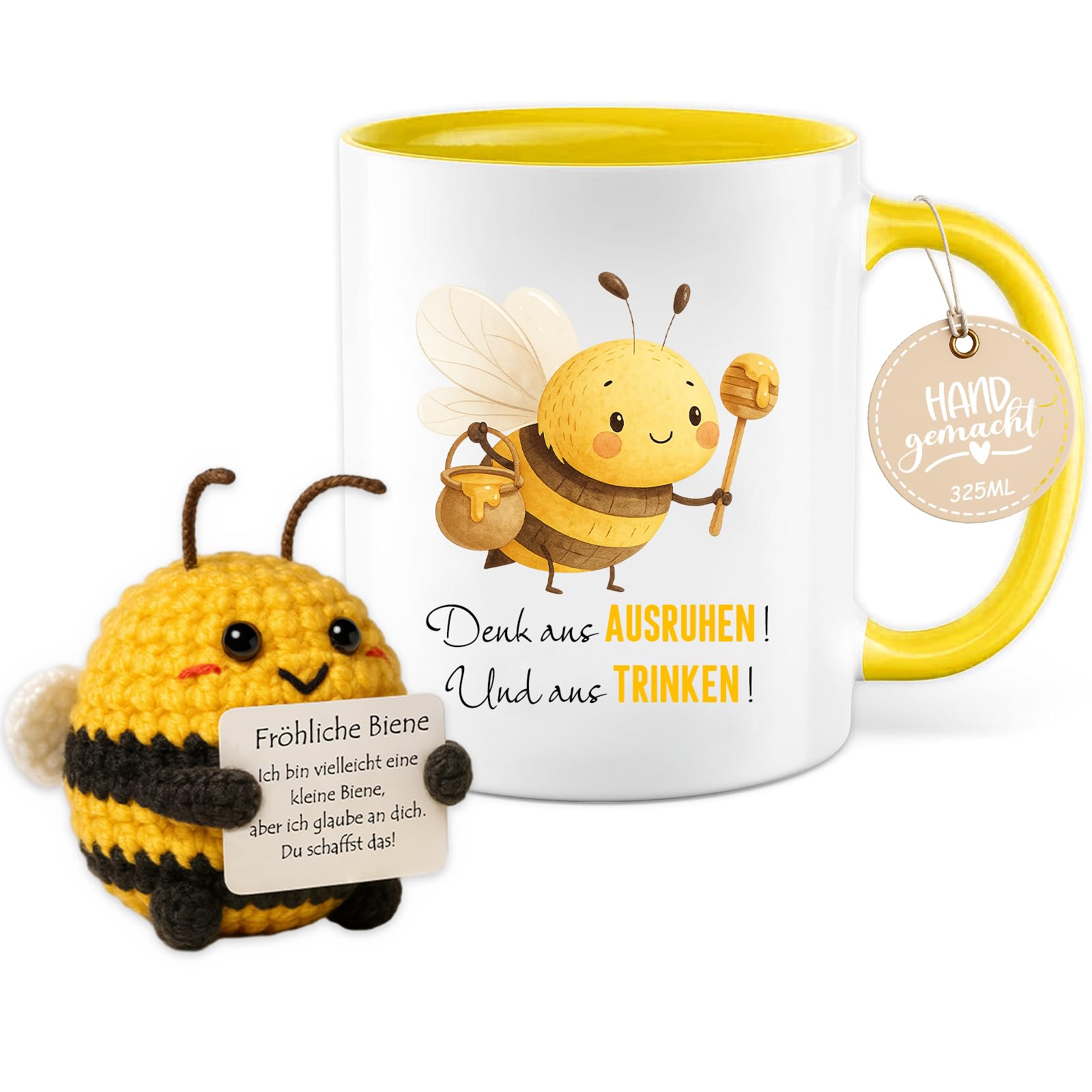 Farbeele Geschenk für Frauen, Männer & Kinder, 325ml Tasse mit Strickpuppe Glücksbringer, Geburtstag, Weihnachten, Gute Besserung, Prüfungsgeschenk, Abschiedsgeschenk