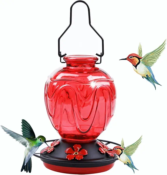 Glass Hummingbird Feeder for Outdoors Hanging, 24Ozs Humming Bird Nectar Feeder w/Perch, 5 Flower Feeding Ports, Leak Proof Base and Hook for Outside Garden Backyard Decor, Gifts for Women Mom, Red