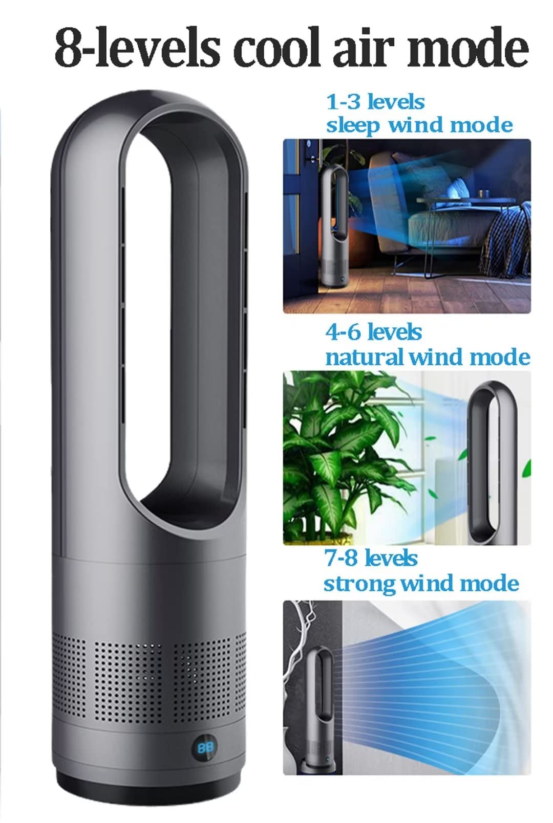 Nowoczesny wentylator wieżowy bez łopatek do użytku domowego, naturalne chłodzenie wiatru 40 W, oscylacja 80° z pilotem zdalnego sterowania, 8 prędkości, 8-godzinny zegar, wyświetlacz LED,
