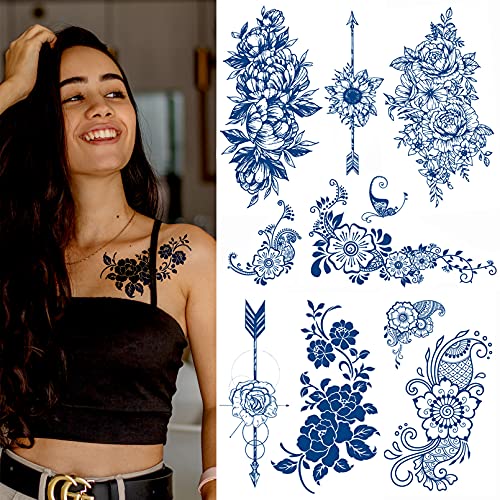 Aresvns Temporary Tattoo for Men & Women,Semi-Permanent Tattoos Waterproof and Long-Lasting 2 Weeks,Dark Blue Realistic Fake Tattoos