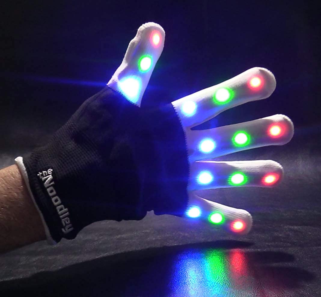The Noodley Thin Flashing LED Light Gloves Kids and Teen Sized with Extra Batteries Finger Toy Cosplay Halloween Costume Accessory Boys and Girls - Ages 8-12 (Medium, Black)