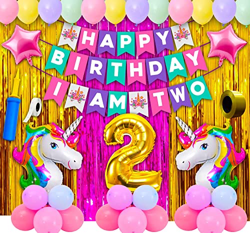 Image of Party Propz Unicorn Theme Birthday Decoration Kit - 66 Pcs Combo for 2nd Birthday Decorations for Girls with Pastel Balloons, Unicorn Foil Balloons, Number 2 Balloon, Banner & Curtains