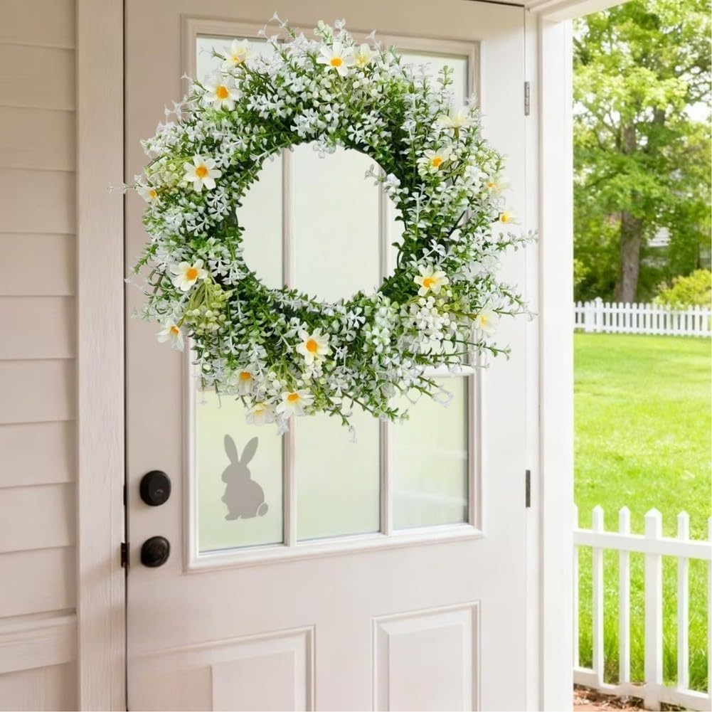 Ghirlanda di eucalipto artificiale primaverile con margherite bianche, realizzata a mano, in plastica leggera, da appendere alla porta, decorazione per Pasqua, vacanze, per casa, ufficio, parete e