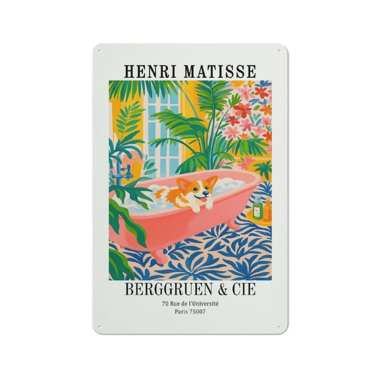 Henri Matisse Corgi Bath Art Print Tin Sign 30x20cm, Vintage Home Bar Decor for Cafe, Pub, Workshop Or Home Bar, for Relaxed Wall Styling