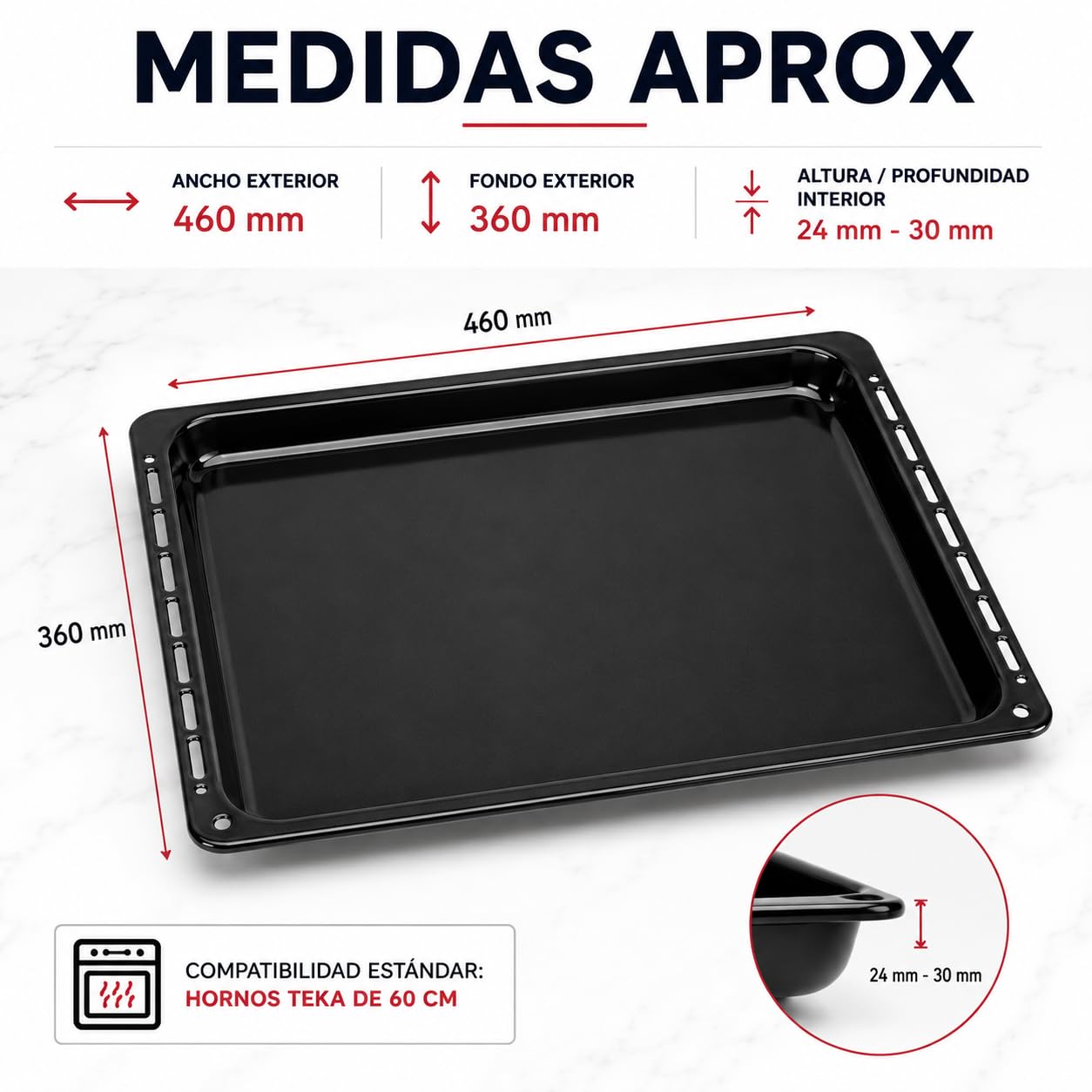 CABLEPELADO Bandeja para horno Teka | modelo 82405901 | Bandeja profunda esmaltada Horno Teka | 368 mm profundo x 460 mm ancho