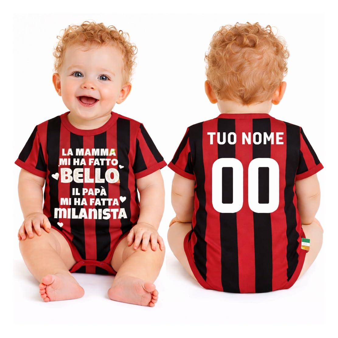 Body Rosso Nero Mamma Mi ha fatto bello (o bella), Papa' Mi Ha Fatto Milanista | Personalizzato Con Nome e Numero PS 32772-010