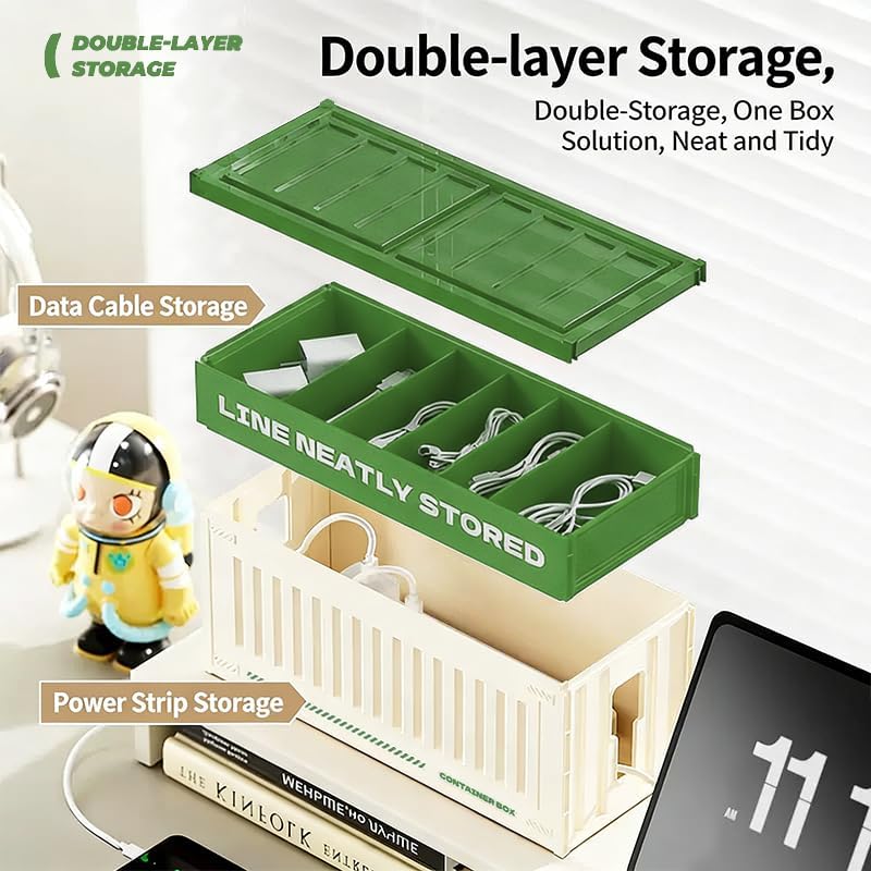 Cable Management Box with Shipping Container Design, Tall Cord Organizer for Desk and Floor, Large HIPS Wire Hider for Power Strip and Surge Protector, Green