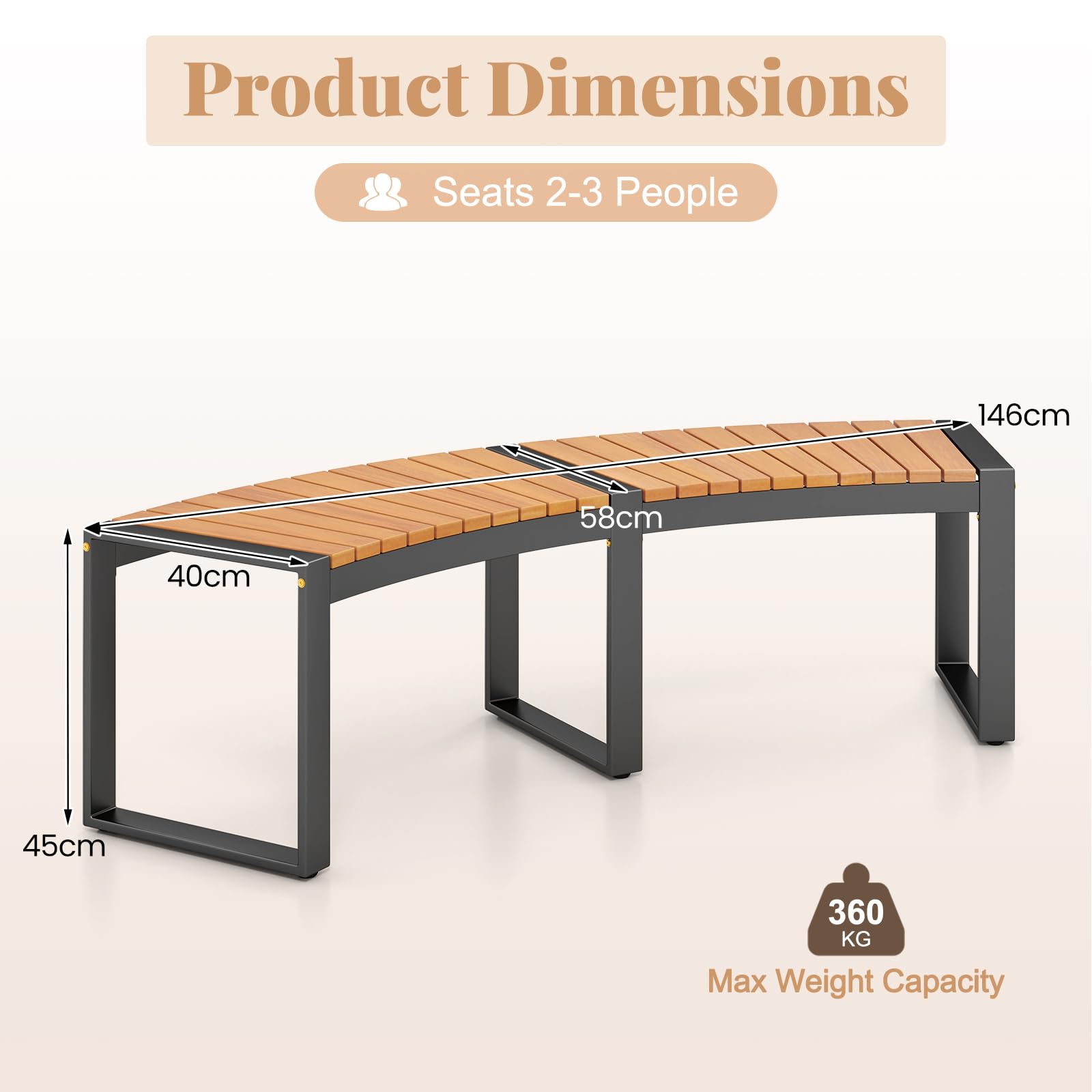 KOMFOTTEU Panchina da Esterno Curvata, Set di 2 Panchine da Giardino in Legno di Acacia con Struttura in Metallo, Comoda Panca da Patio 2-3 Posti, per Veranda, Cortile, Prato, Capacità di 360 kg (2)