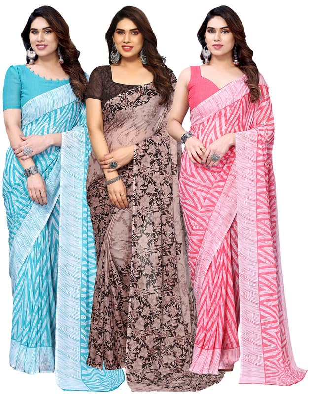 Satrani Women's Geoegette Saree With Unstitched Blouse Piece Combo Pack Of 3 (3201S2291N_3112S2156N_3201S2294N_Turquoise | Brown | Pink)