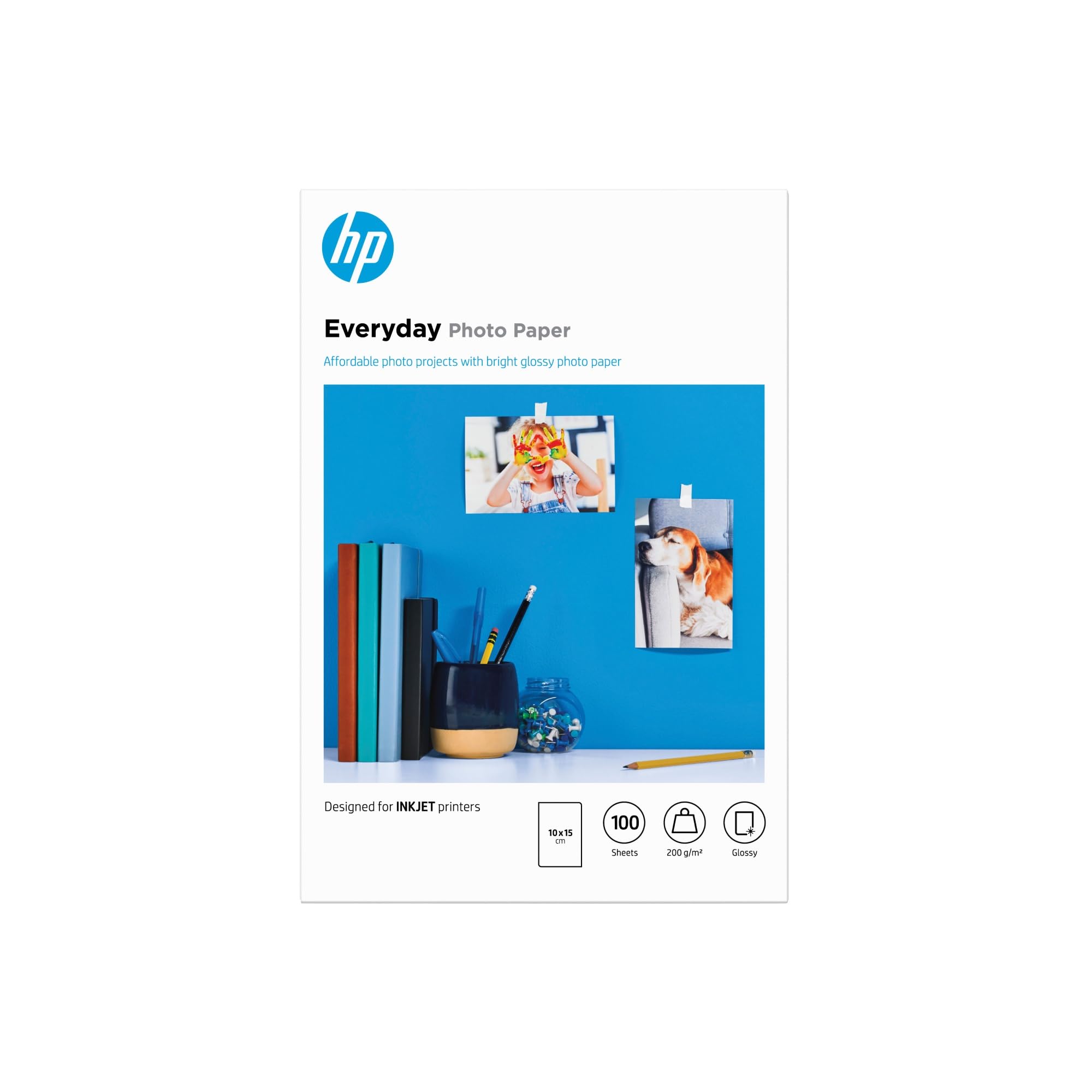 HP Everyday CR757A, Papel fotográfico de tinta brillante, 200 g/​m2, tamaño 10 x 15 cm, paquete de 100 hojas, blanco