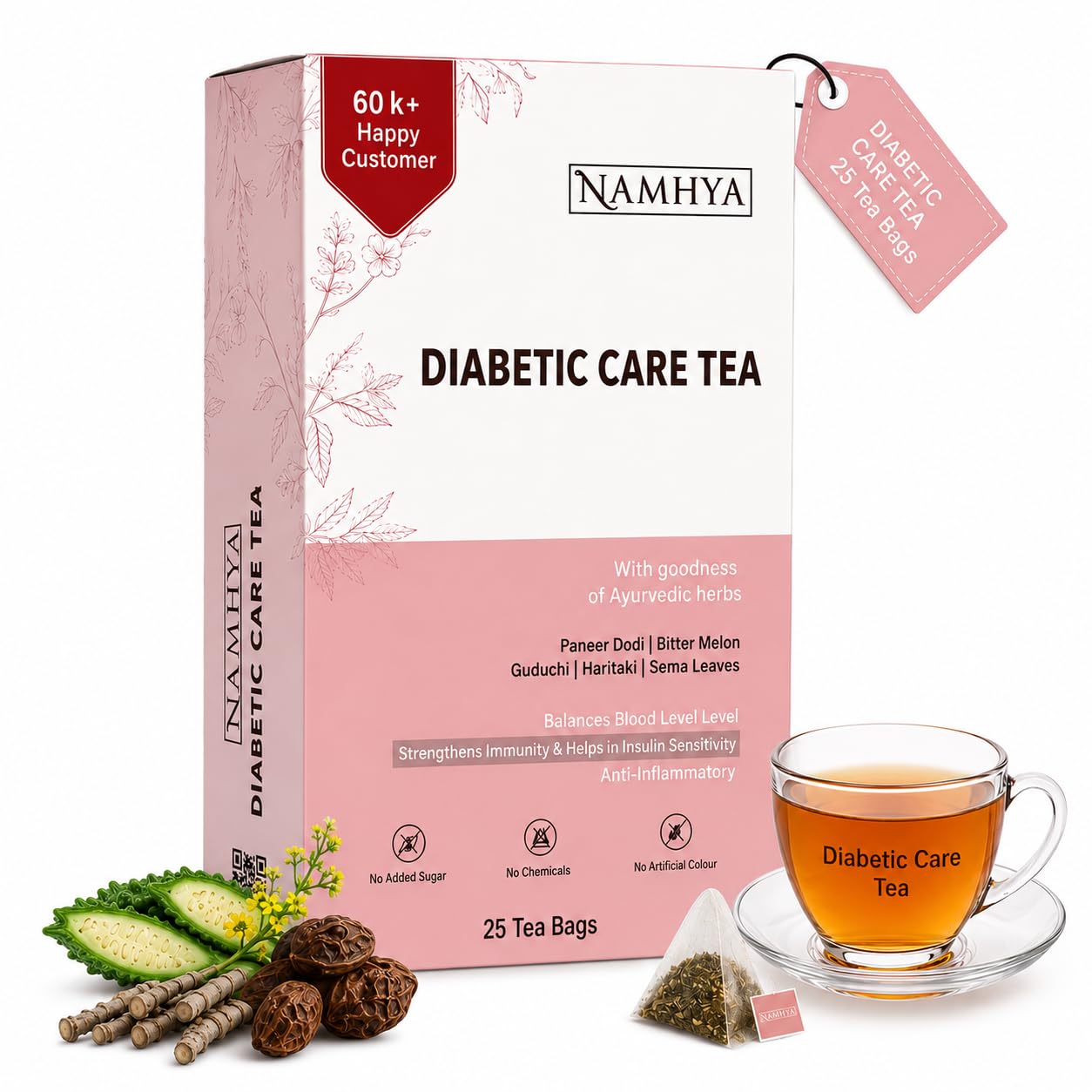 Namhya Diabetic Care Tea | Loaded with Super Herbs, Paneer DODI Bitter Melon, Guduchi | Helps to Regulate Blood Sugar Levels, Strengthens Immunity | Diabetes - Tea Bags-image-29