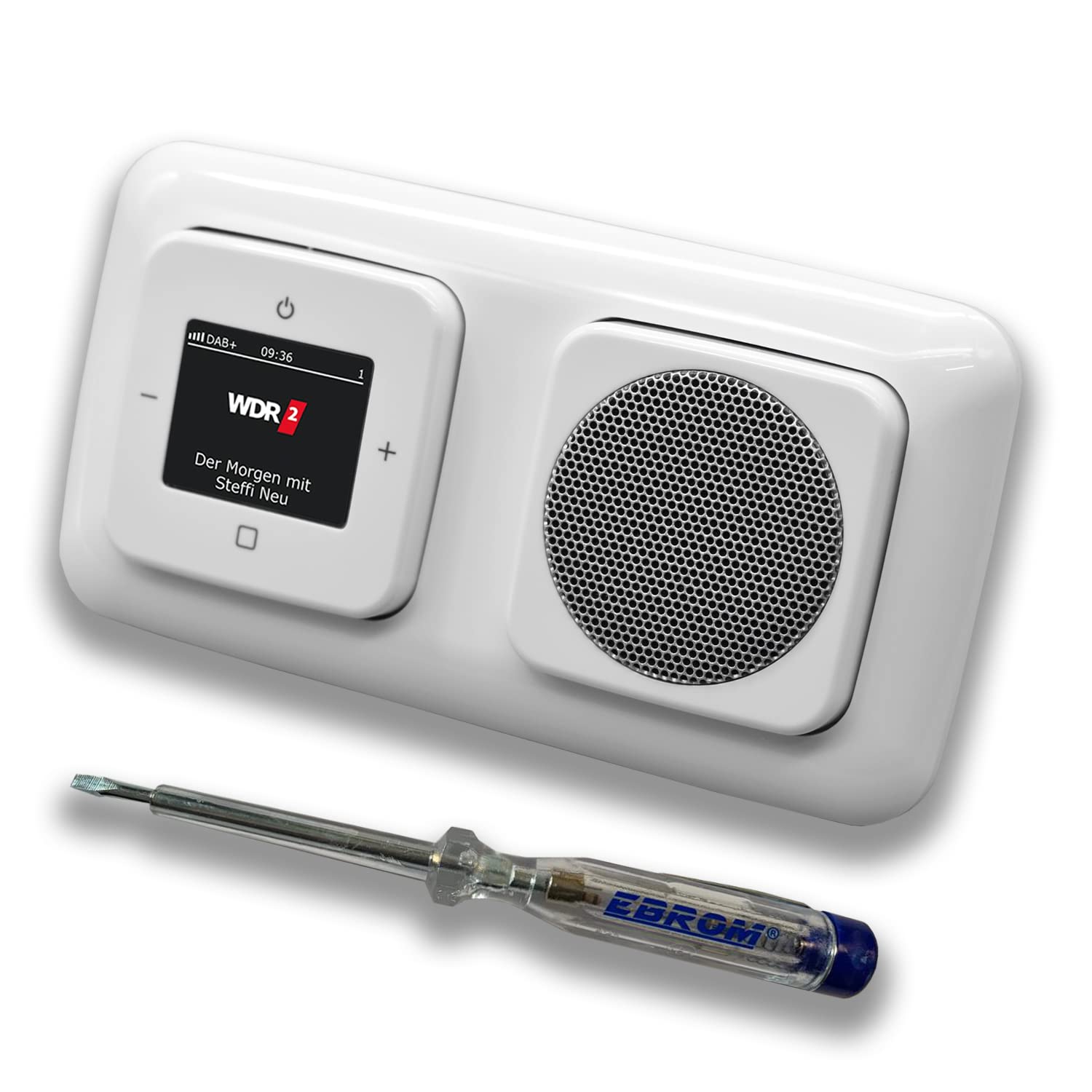Busch Jäger DAB+ (DAB PLUS) Unterputz Radio 8215U-101 Reflex SI alpinweiß, Komplett-Set mit Lautsprecher, Abdeckungen und Rahmen + EBROM Phasenprüfer zur Montage der Geräte - 8215 U – 101