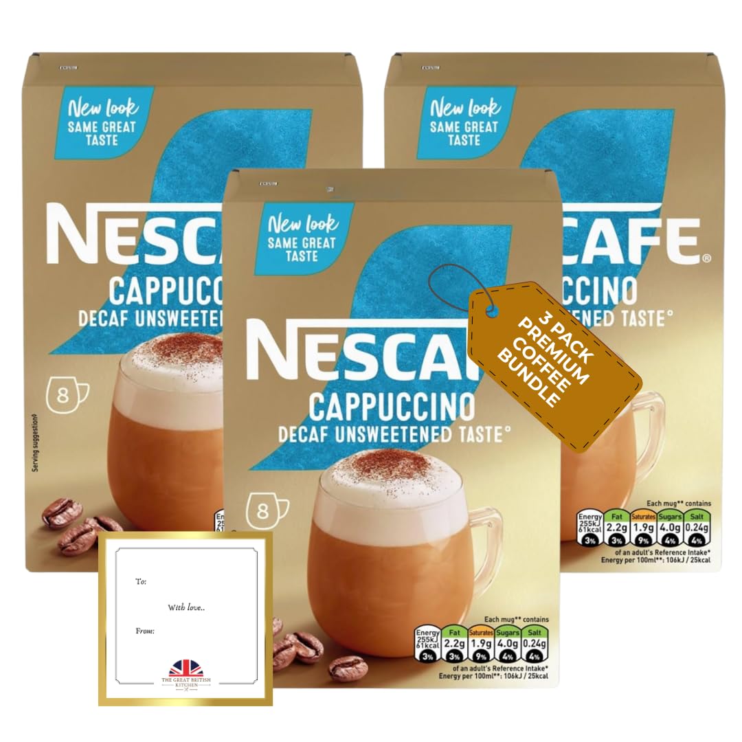 Coffee Multipack of Nescafe Cappuccino Sachets Unsweetened Decaf Coffee 3 Boxes Instant Coffee 8 Sachets per Pack (24 Total) Bundled by The Great British Kitchen