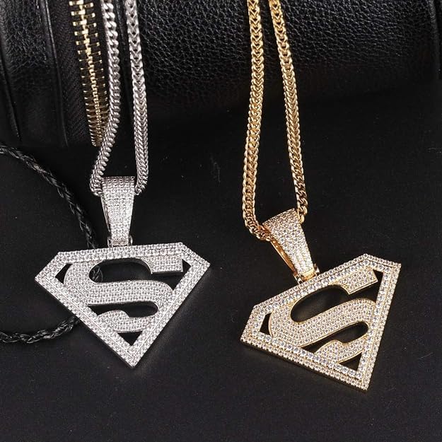 14K/White Gold Plated Diamond Shape Cubic Zirconia Superhero Pendant Necklace Hip Hop Full Iced CZ Out Pendant With 24'' Stainless Steel Franco Chain For Men Women4