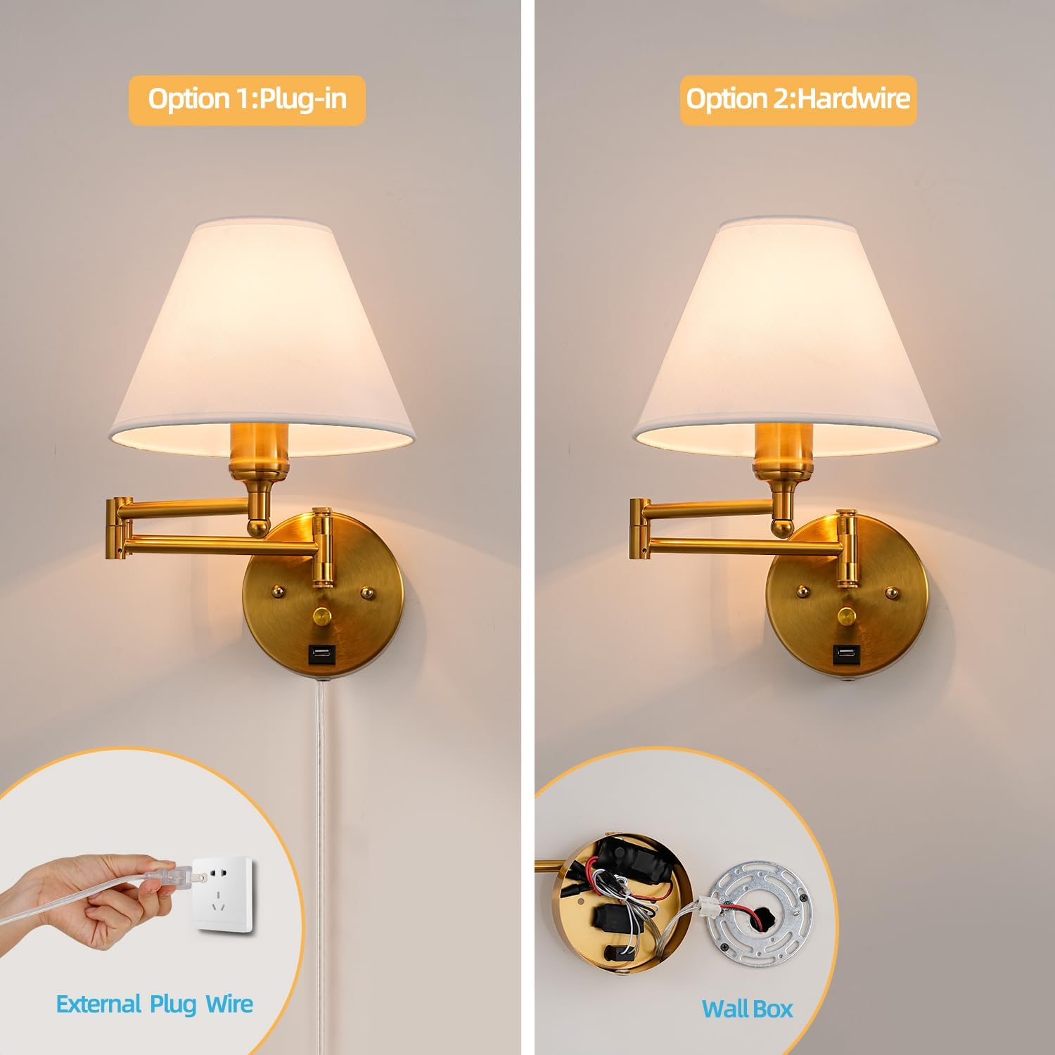 Swing Arm Wall Sconces, Plug-in Wall lamp,Bedroom Wall lamp ， White Fabric Shade，，with dimmable Switch and USB Charging Port, Suitable for Bedside, Living Room, Reading (Golden)