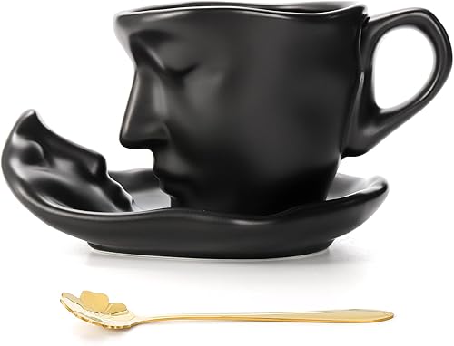 SOUJOY Juego de taza de té y platillo, taza de café de cerámica para besar con cuchara, romántica taza de capuchino única para el día de San