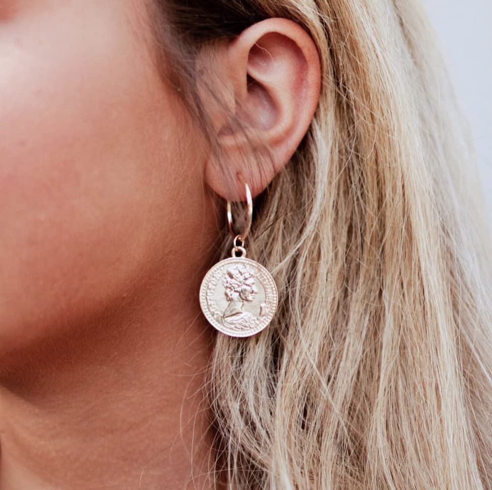 Doubnine Coin Hoops Earrings Medallion Greek Goddess Portrait Gold Dainty Tiny Disc Dangle Women Fashion Jewelry3