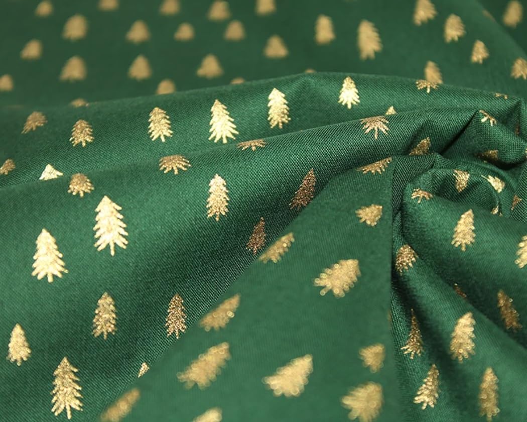 Glamour Secrets Green/Gold Christmas Fabric - Metallic Trees On - Xmas Craft Fabric Material Metre - 140Cm Wide