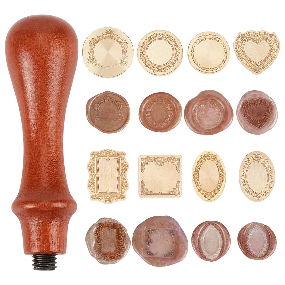 UNICRAFTALE 8 timbri in metallo dorato, 8 stili, forme miste, con manici in legno, per fai da te, sigilli di cera, timbri, artigianato, inviti e confezioni regalo, 20-30 mm