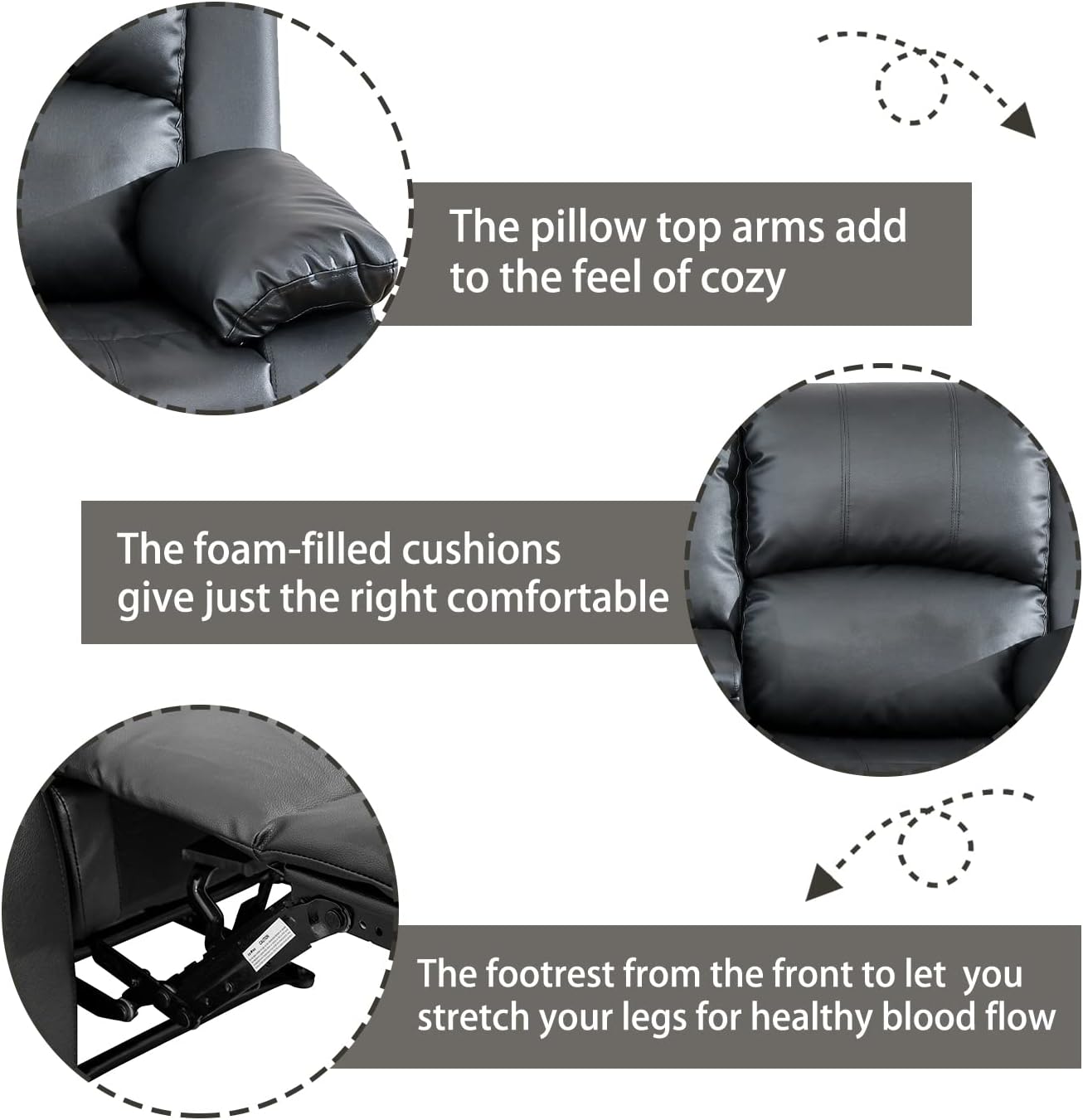 Manual Recliner Sofa Set, Bonded Leather Living Room Furniture Set, Reclining Leather Couches with Cup Holders/Storage Console/Flip Middle Backrest (Sofa+Loveseat+Chair, Black)