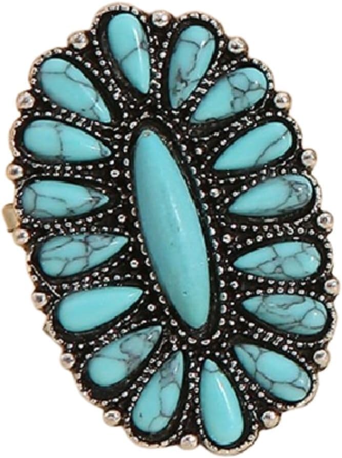 Bohemian Turquoise Oval Flower Rings Vintage Geometric Ethnic Natural Stone Adjustable Silver Joint Knuckle Rings Western Cowgirl Statement Jewelry