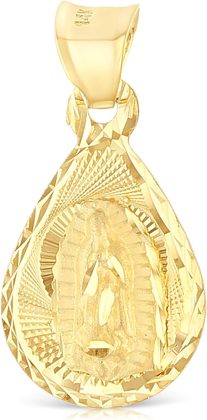 Ioka - 14K Yellow Gold Diamond Cut Our Lady of Guadalupe Stamp Religious Charm Tiny Pendant For Necklace or Chain
