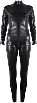 Shhyy Womens Latex Catsuit Shiny Snakeskin Faux Leather Open Crotch Jumpsuit, Black, XXL
