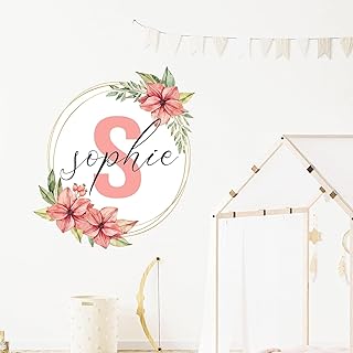 Custom Name Initial Wall Sticker, Personalised name in floral wreath Wall Decal, Customised Bedroom Wall Stickers, Toy Box Name Stickers, Nursery Wall Art Decor, Girls room decor