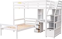 Vista 5 de Rhomtree Cama baja individual tipo loft, cama tipo loft de madera con una cama independiente, escalera de almacenamiento, escritorio, estantes