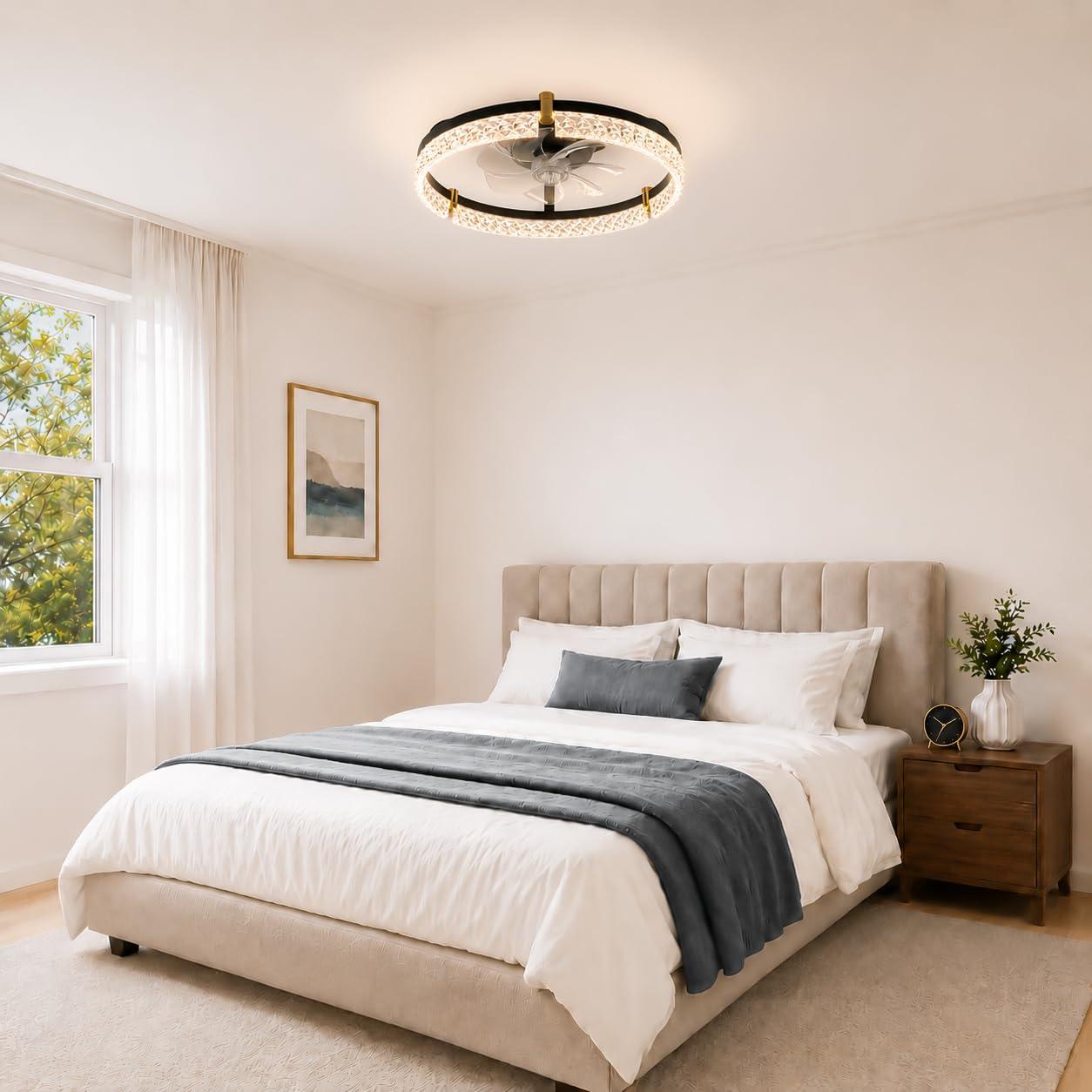 Airwit 50cm Deckenventilator mit Beleuchtung, Lampe mit Ventilator in Glasoptik, Deckenlampe mit Ventilator leise dimmbar, 3000K-6000K stufenlos, 6 Windstufen, Timer 1/2/4H, App Fernbedienung, Schwarz