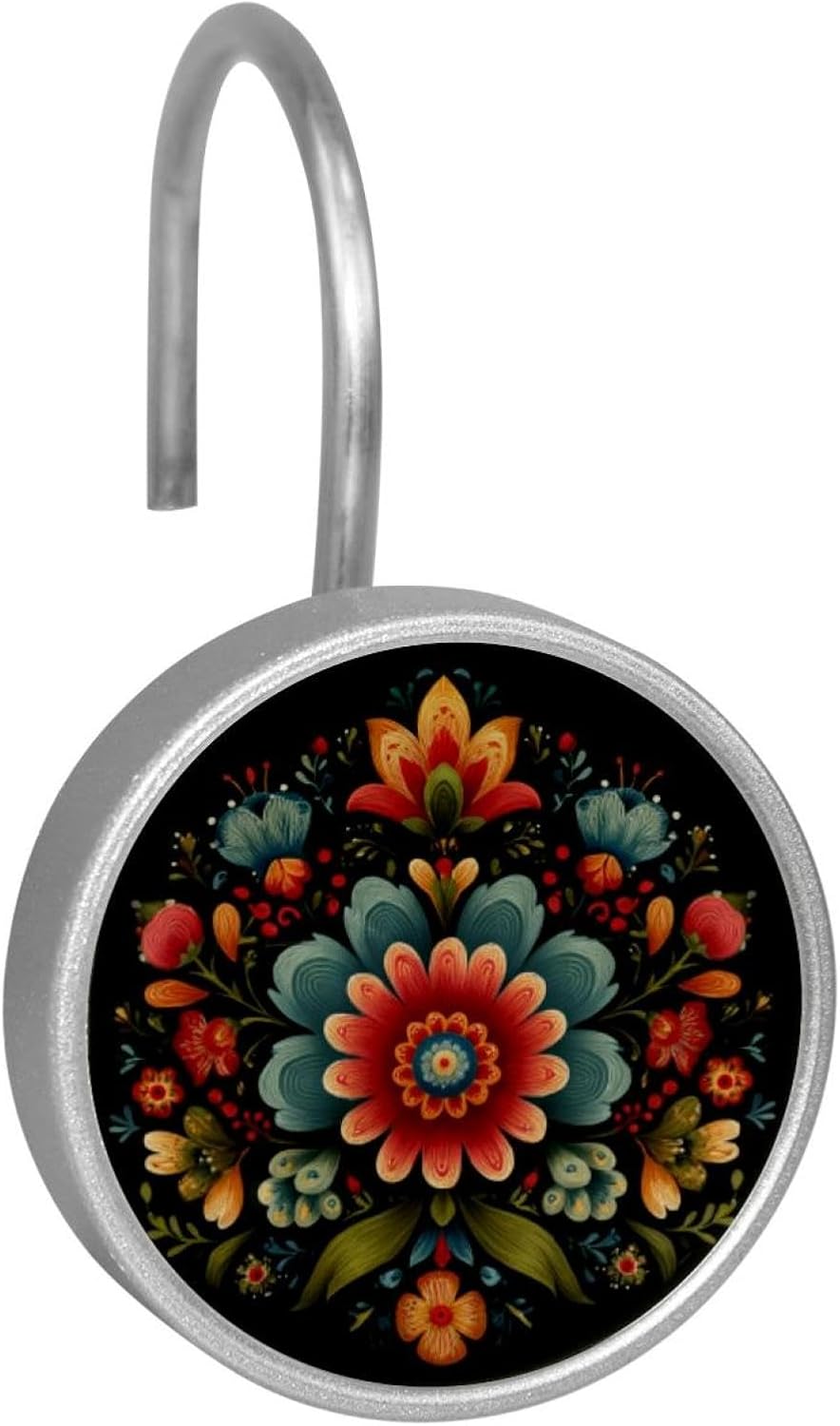 12 Pack Norwegian Rosemaling Folk Style Flower (19) Shower Curtain Hooks Rings, Durable Shower Hooks for Liner, Shower Rings for Curtain and Bathroom Shower Rod